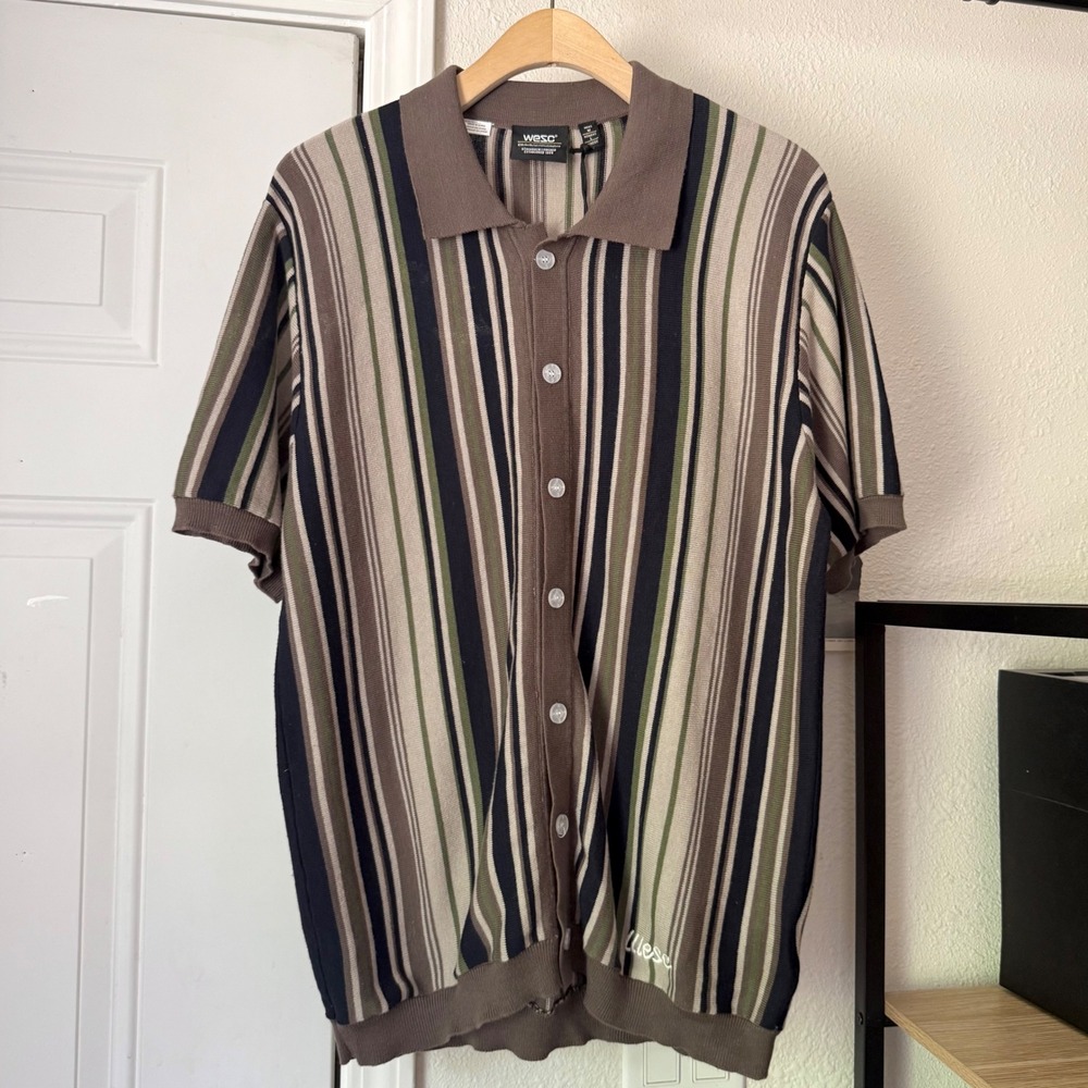 NWT WESC multicolor cotton embroidered striped knit polo short sleeve boxy shirt